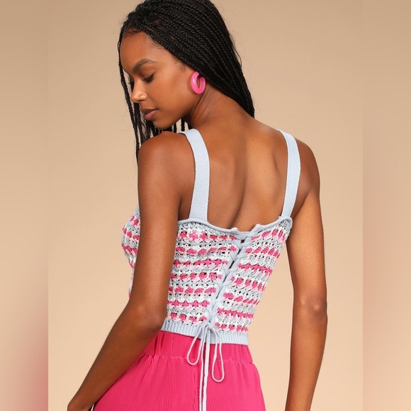 Natural Charm Light Blue Multi Crochet Lace-Up Tank Top Size XL - Picture 2 of 4